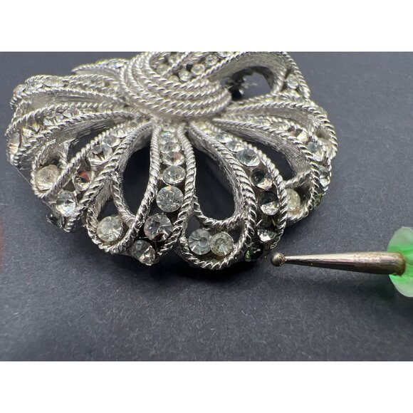 Crown Trifari@ Trifanium Rhinestone Swirl Brooch Silver-Tone Rope-Knot Signed - Picture 4 of 9
